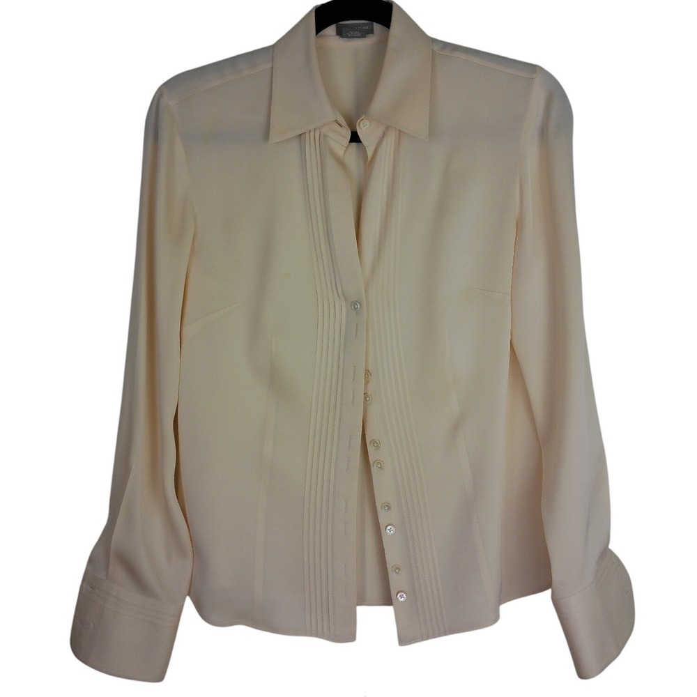 Ann Taylor Petites Silk Blend Pintuck Button Down Blouse Size 4P Cream Pleated